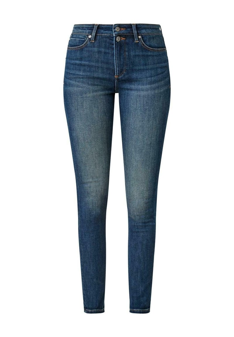 Jeans ajustados de mezclilla azul oscuro, con una cintura alta, dos bolsillos frontales y detalles desgastados en los muslos. Cierre con botón de metal.