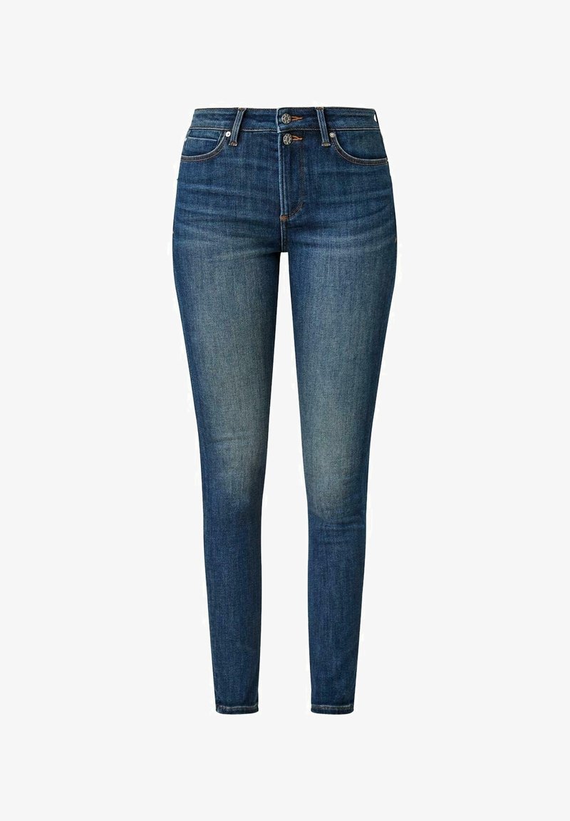 Jean skinny en denim bleu foncé, avec une taille haute, deux poches avant et un délavage sur les cuisses. Fermeture par bouton en métal.