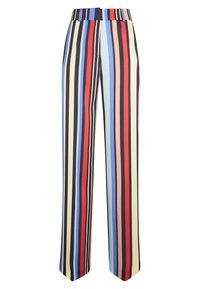 Pantalons larges avec des rayures verticales dans diverses couleurs : rouge, bleu, noir et crème. Fabriqués en tissu lisse avec une taille plate.