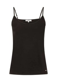 Haut en camisole noir avec des bretelles fines, fabriqué à partir d'un tissu lisse. Doté d'un décolleté arrondi et d'un logo subtil au niveau de l'ourlet.