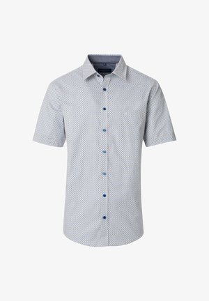 Kurzärmliges Hemd aus hellblauem Stoff mit geometrischem Muster, mit Button-Down-Kragen und blauen Knöpfen. Detail einer Brusttasche.