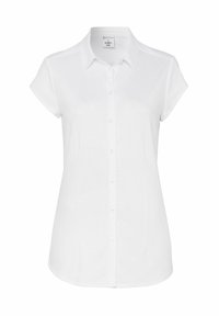 Weißes kurzärmeliges Button-Up-Hemd mit Kragen, aus einem glatten Stoff gefertigt, mit geradem Saum und dezenten seitlichen Falten.