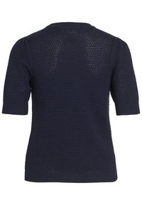 Tmavě modrý krátký rukáv pletený svetr s texturovaným vaflovým vzorem, žebrovanými manžetami, lemem a kulatým výstřihem, zobrazený zezadu.