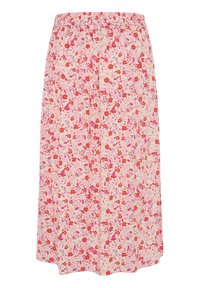 Gonna floreale con vita elastica, caratterizzata da un motivo di fiori rosa, rossi e viola su uno sfondo di crema chiaro. Design casual a forma di A.