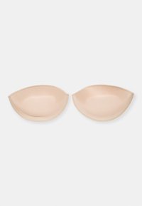 Nude adhesive gel breast pads with a smooth surface, semi-circular shape, and thin edges for discreet use and comfort.