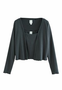 Gray ribbed cardigan with open front, long sleeves, and raw edge hem. Includes a matching tank top underneath. Labels visible inside.