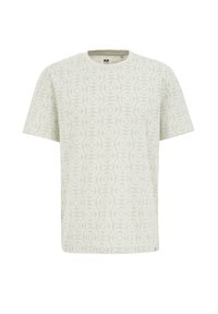 Camiseta de manga corta hecha de tela ligera, con un patrón circular texturizado en verde claro y blanco roto, y un escote redondo.