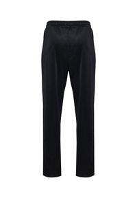 Svarta träningsbyxor med en slät, lätt textur, elastiskt midjeband och rakbenad design, lämpliga för aktiv användning.