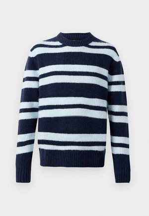 Navy sweater with light blue and white stripes, ribbed texture, round neckline, and long sleeves. Composed of thick knit material.