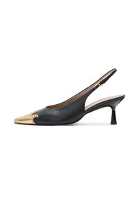 Črne usnjene slingback čevlje s koničastim nosom, z zlatim metalnim pokrovom in majhnim, sijajnim črnim kakovostnim peto; na sprednjem delu so okrasni žeblji.