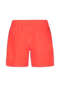 Helle Korallen-Badeshorts mit elastischem Bund und kleinem Reißverschlussfach auf der Rückseite rechts.