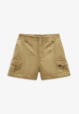 Khaki šortky vyrobené z odolného materiálu, s plochým předním dílem, dvěma bočními kapsami se zapínáním na patentky a elastickým pasem pro pohodlí.