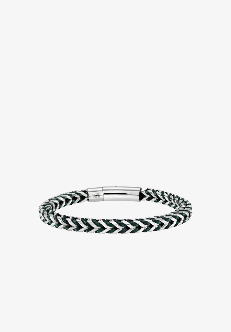 Spleciona bransoletka ze stali nierdzewnej z czarnymi skórzanymi akcentami oraz polerowanym magnetycznym zapięciem z grawerem "S. STEEL 25DKR".