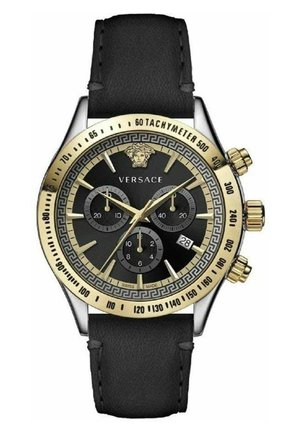 Schwarze Lederarmbanduhr mit einem Gehäuse aus Edelstahl in Silber und Gold, schwarzer Zifferblatt, goldenen Akzenten und einer Tachymeterskala, ausgestattet mit drei Hilfszifferblättern.