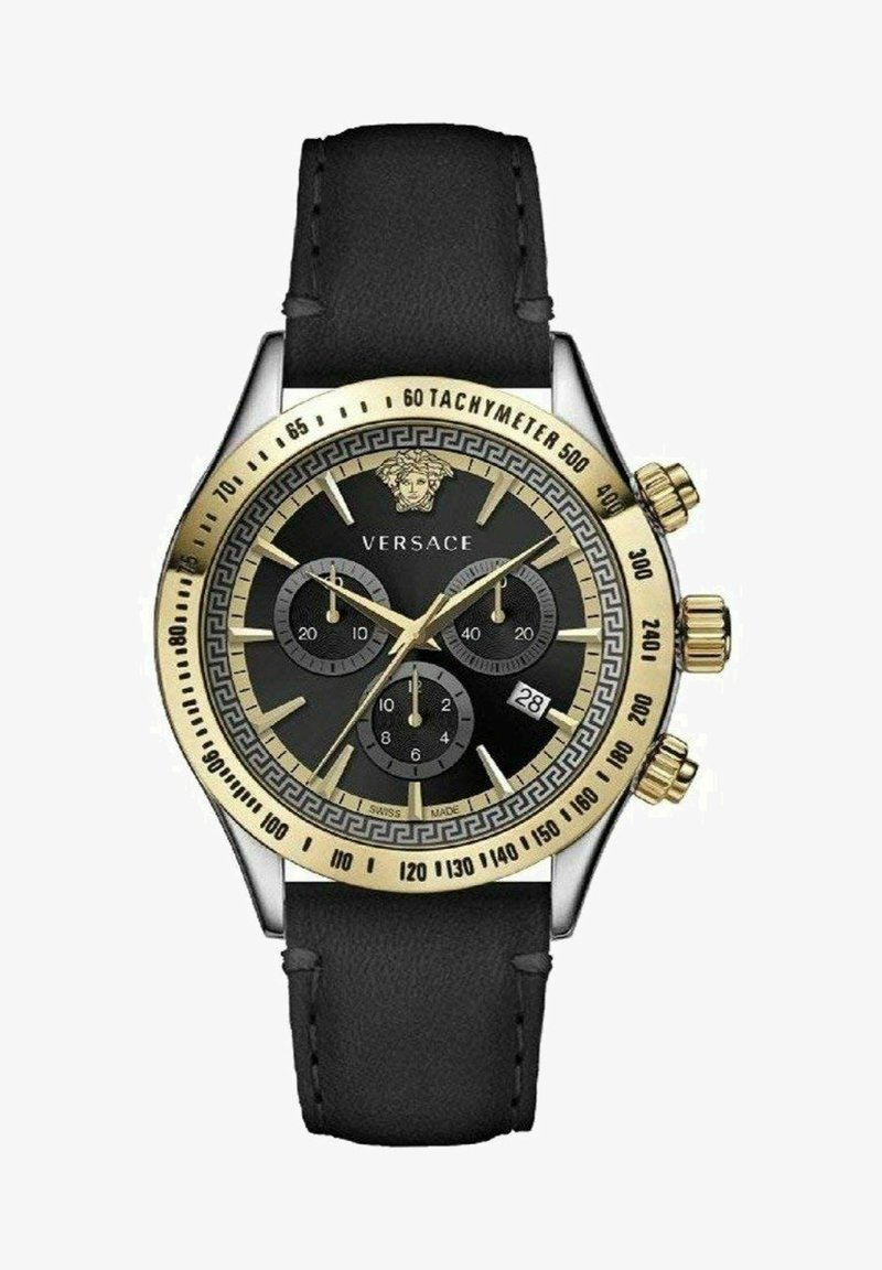 Black leather strap watch with a silver and gold stainless steel case, black dial, gold accents, and tachymeter scale, featuring three sub-dials.
