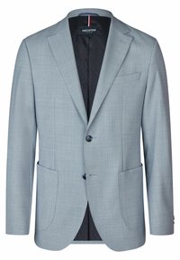 Lichtblauwe blazer met een gestructureerde afwerking, met geknipte revers, twee voorzakken en blauwe knopen. De binnenvoering heeft een donker patroon.