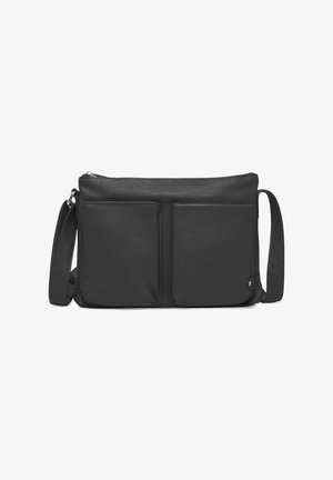 Borsa nera in pelle con due tasche frontali, chiusura con zip e tracolla regolabile. Texture liscia e forma rettangolare.