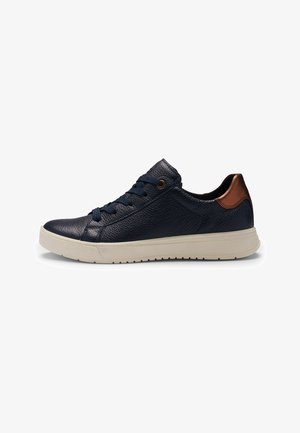 Navy blue leather sneaker with white sole, lace-up front, and brown metallic heel accent, shown in side profile.