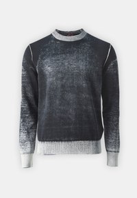 Schwarzer und grauer Farbverlauf-Pullover mit rundem, geripptem Ausschnitt und gerippten Bündchen. Weiche Textur mit einem ausgebleichten, abgenutzten Erscheinungsbild.