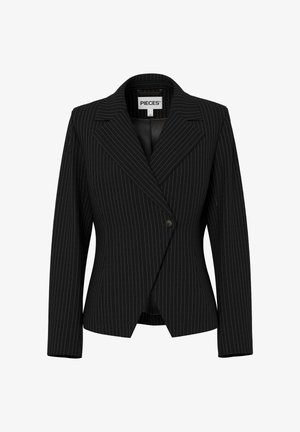 Must triibuline bleiser tahutud lõikega, laia kraega, ühe nupuga kinnitusega ja pikkade varrukatega. Sile tekstuur ja struktureeritud disain.