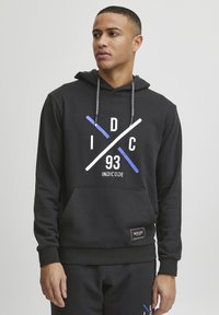 Black hoodie featuring a kangaroo pocket, drawstring hood, and a large graphic design with blue and white accents. Soft fabric texture.