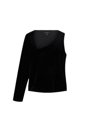 Long-sleeve black velvet top with a deep V-neckline and asymmetrical design. Soft texture, fitted shape, and smooth stitching.