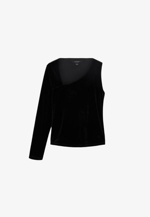 Long-sleeve black velvet top with a deep V-neckline and asymmetrical design. Soft texture, fitted shape, and smooth stitching.