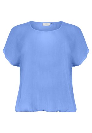 Blue short-sleeved blouse made of lightweight fabric. Features a round neckline and a relaxed silhouette with a slightly gathered hem.