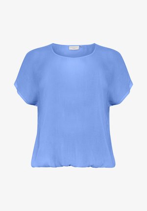 Bluză albastră cu mânecă scurtă, confecționată dintr-un material ușor. Prezintă un decolteu rotund și o siluetă lejeră cu un tiv ușor strâns.