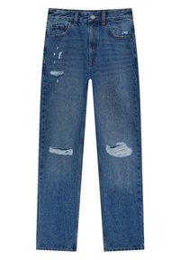 Jeans de denim azul desgastados con un diseño de pierna recta y cintura alta. Presentan dos roturas en las rodillas y un ligero desvanecimiento, con el clásico estilo de cinco bolsillos.