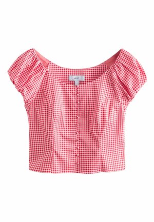 Rot-weiß karierte Bluse mit kurzen Puffärmeln, quadratischem Ausschnitt, Knöpfen vorne und tailliertem Schnitt.