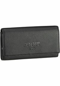 Črn usnjen denarnica z teksturirano površino, z utisnjenim logotipom "JOOP! JEANS" na sredini, pravokotne oblike, eleganten dizajn.