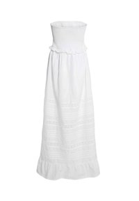 Abito maxi bianco senza spalline con corpetto arricciato, dettagli con volant e motivi testurizzati lungo l'orlo e il corpo. Tessuto leggero.
