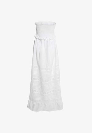 Vestido maxi blanco sin tirantes con corsé fruncido, detalles de volantes y patrones texturizados a lo largo del dobladillo y el cuerpo. Tejido ligero.