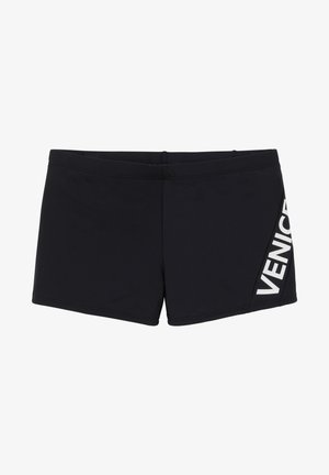 Čierne plavecké šortky s hladkou textúrou, s bielou grafikou "VENICE" na boku. Klasický dizajn s priliehavým strihom.