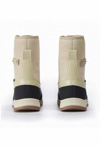 Kengät vaaleanruskeat ja mustat, joissa on mokkanahka- ja kumipinta, muotoiltu selkäosa, koristehihnat ja pyöristetty kärki.