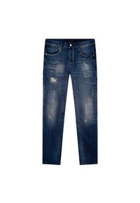 Donkerblauwe versleten denim jeans met vervaagde vlekken en versleten details, vijfzakkenstijl, rechte snit en knoopsluiting aan de voorkant.