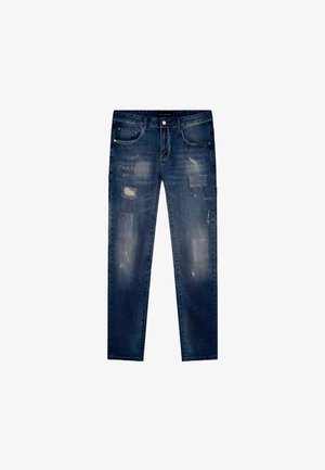 Donkerblauwe versleten denim jeans met vervaagde vlekken en versleten details, vijfzakkenstijl, rechte snit en knoopsluiting aan de voorkant.
