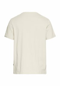 Lys beige bomulds t-shirt med korte ærmer, rund hals og lige søm. Ingen synlige mønstre eller grafik; enkel design.