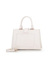 Borsa a tracolla bianca in pelle con tasca frontale rettangolare, manici superiori e tracolla removibile con dettagli in metallo dorato.