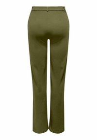 Tyrkysové kalhoty rovného střihu se složenými poutky na opasek, zadními kapsami a upraveným střihem zobrazené ze zadního pohledu.