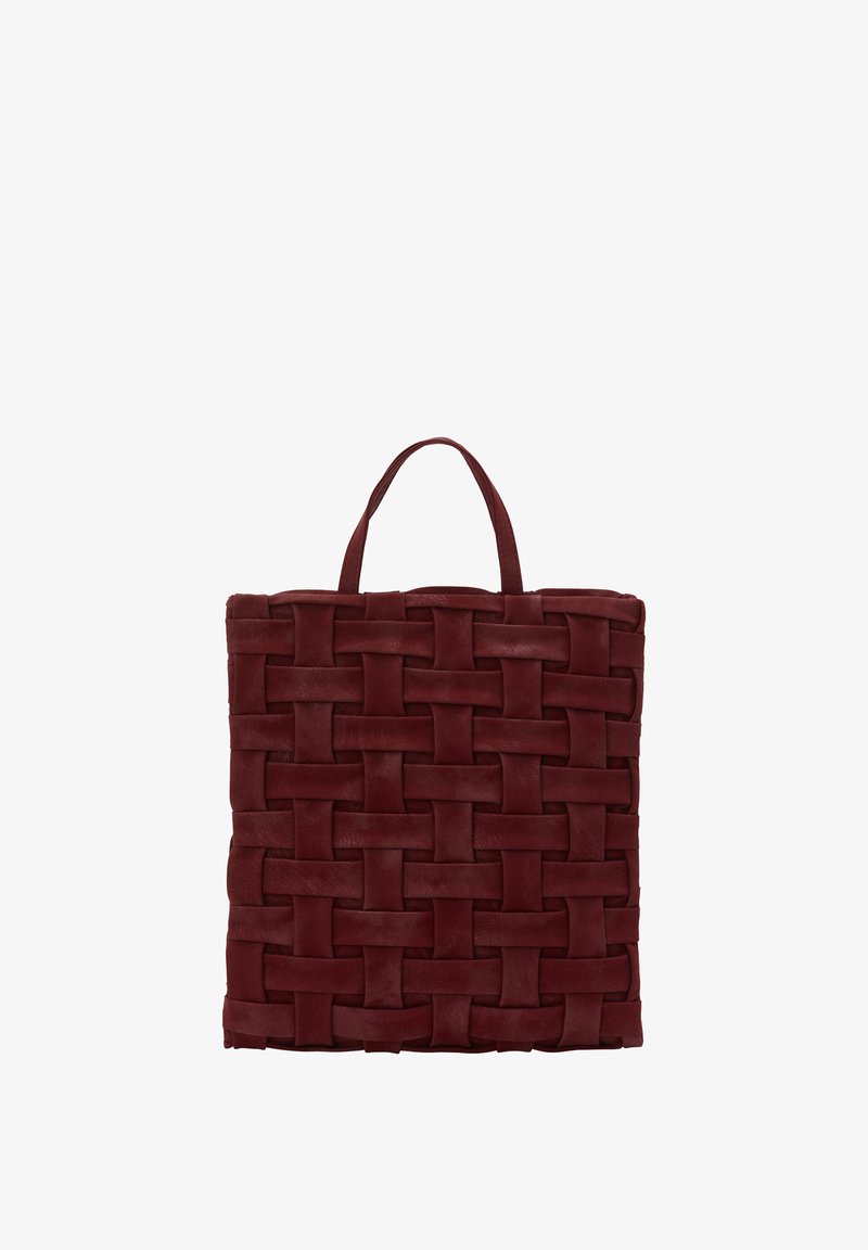 Woven burgundy tote bag with two handles, flat structure, and a textured grid pattern, made from durable material.