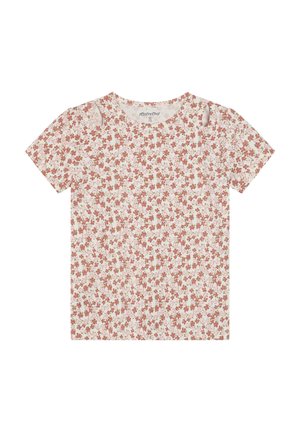 Bloemen-T-shirt met korte mouwen in lichtbeige met een verspreid patroon van kleine rode en groene bloemen. Voorzien van uitsparingen bij de schouders. Zacht katoenmateriaal.