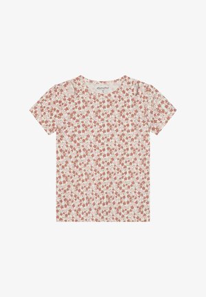 T-shirt à manches courtes avec motif floral en beige clair, orné d'un motif dispersé de petites fleurs rouges et vertes. Présente des découpes aux épaules. Tissu en coton doux.