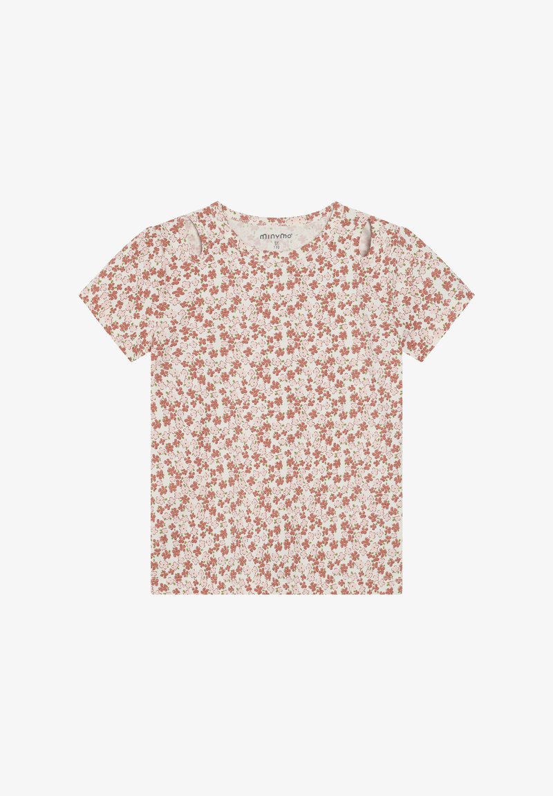 Florales kurzärmeliges T-Shirt in hellem Beige mit einem verstreuten Muster kleiner roter und grüner Blumen. Mit Schulterausschnitten. Weiches Baumwollmaterial.