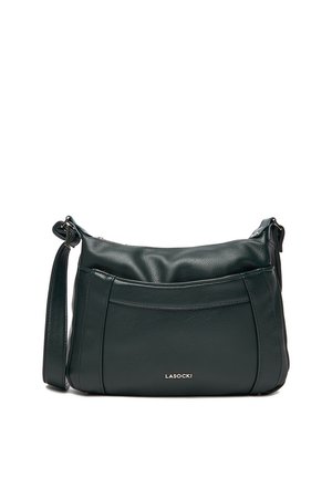 Ciemnozielona skórzana torba na ramię z regulowanym paskiem, przednią kieszenią oraz srebrnym logo LASOCKI na środku przodu.