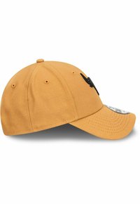 Yellow cotton baseball cap with a curved visor, featuring black embroidered logo on the front and ventilation holes on the cap's top.