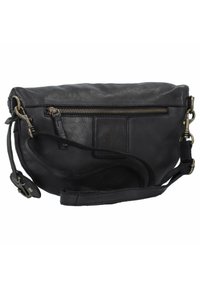 Borsa a tracolla in pelle nera con apertura a zip, forma piatta e tracolla staccabile. Presenta un sottile logo ad ancora e dettagli in ottone.