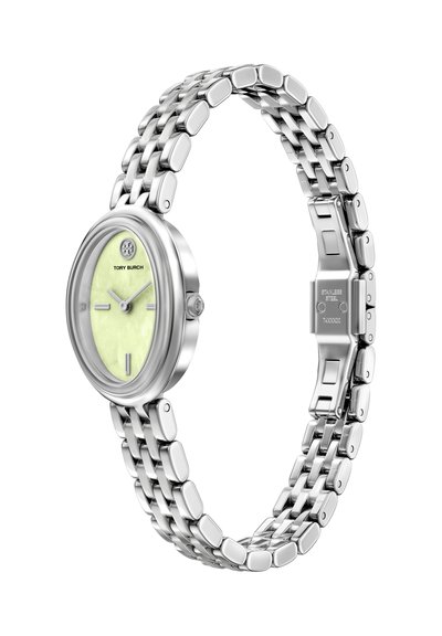 Silberne Uhr aus Edelstahl mit ovalem Zifferblatt, blassgrünem Ziffernblatt und minimalistischen Stundenmarkierungen. Verfügt über ein Gliederarmband.