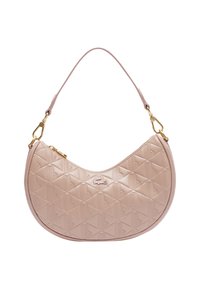 Sac à main matelassé rose clair avec une forme courbée, des ferrures dorées et un motif géométrique texturé sur la surface. Détail de fermeture éclair.